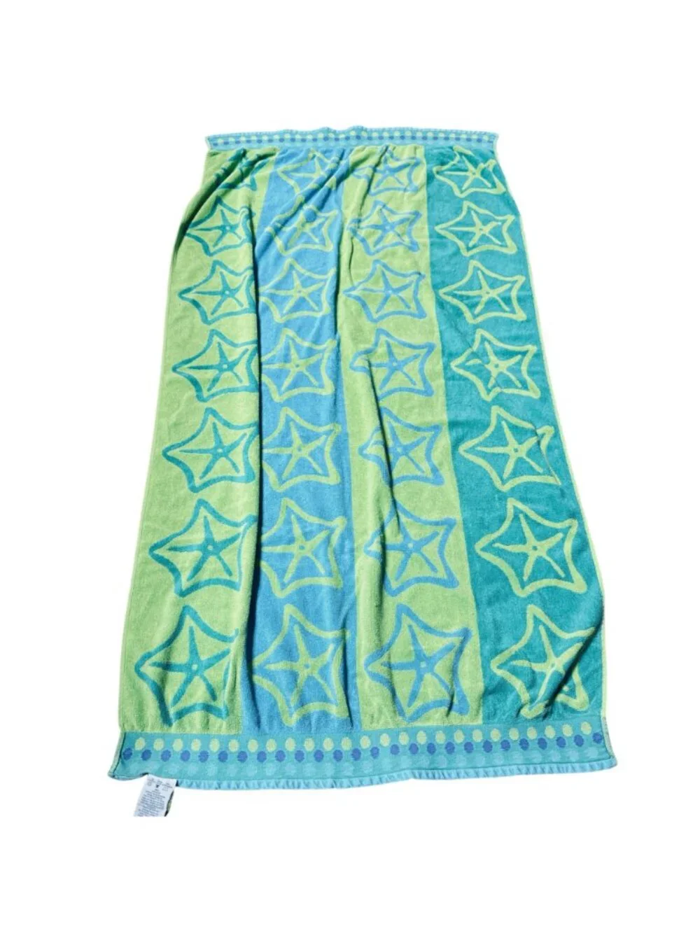 Vintage Palm Cove Beach Bath Towel 33 X 64 Sea Stars Cotton Pastel Green Blue